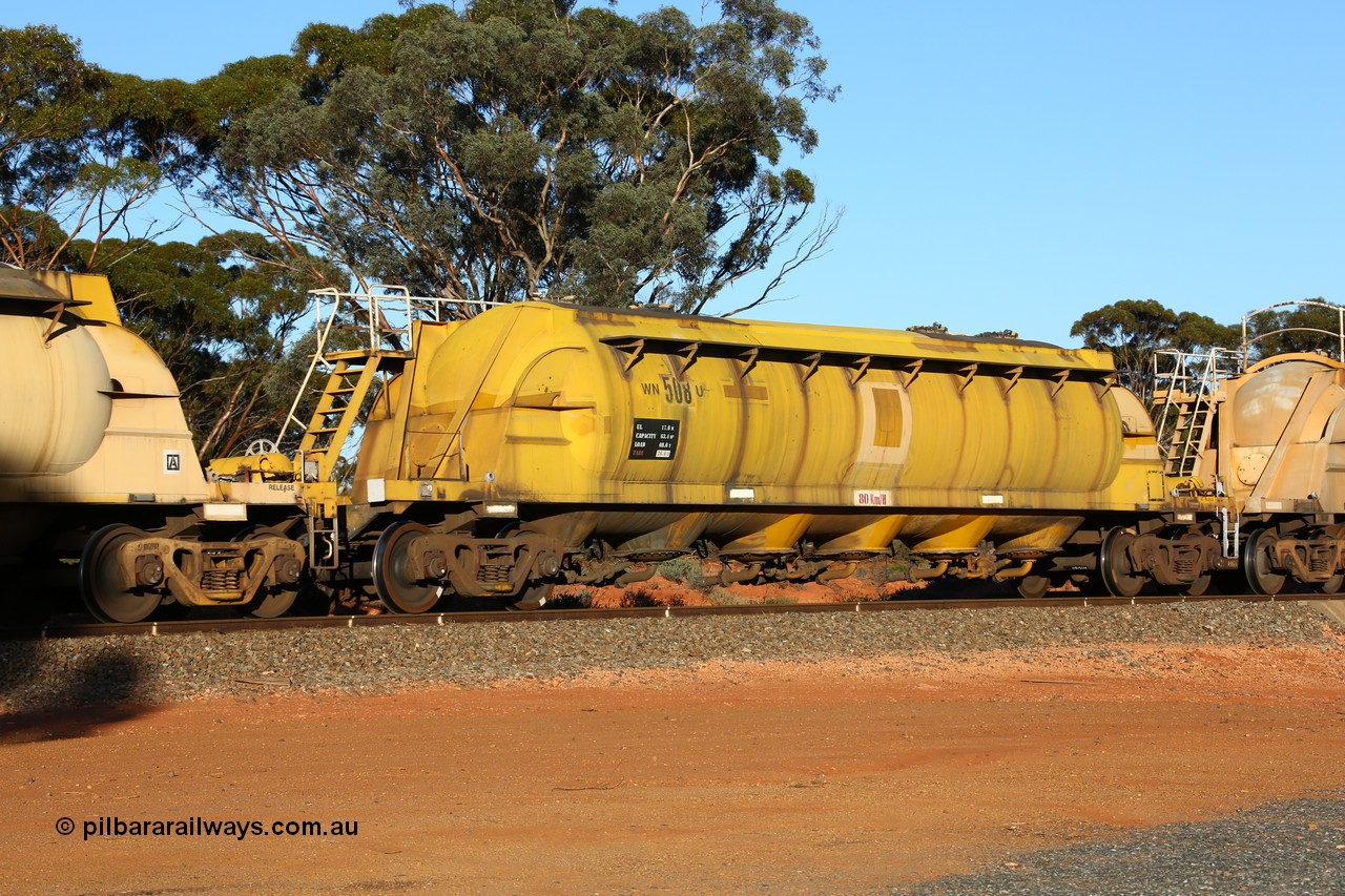 160523 3583
Binduli, nickel concentrate train 2438, WN type pneumatic discharge nickel concentrate waggon WN 508, one of thirty built by AE Goodwin NSW as WN type in 1970 for WMC.
Keywords: WN-type;WN508;AE-Goodwin;