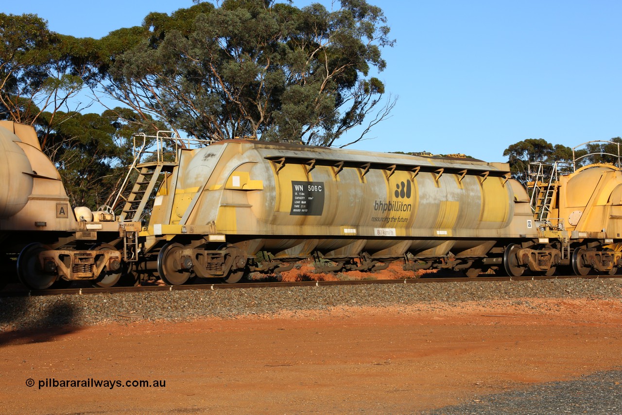 160523 3585
Binduli, nickel concentrate train 2438, WN type pneumatic discharge nickel concentrate waggon WN 506, one of thirty built by AE Goodwin NSW as WN type in 1970 for WMC.
Keywords: WN-type;WN506;AE-Goodwin;