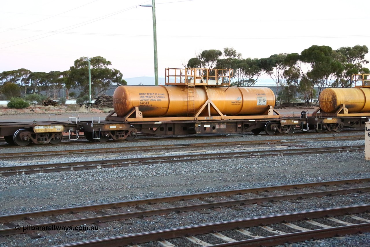 160523 3598
West Kalgoorlie, AQHY 30109 with sulphuric acid tank CSA 0088, originally built by WAGR Midland Workshops in 1964/66 as a WF type flat waggon, then in 1997, following several recodes and modifications, was one of seventy five waggons converted to the WQH type to carry CSA sulphuric acid tanks between Hampton/Kalgoorlie and Perth/Kwinana, part of loaded acid train 2406 arriving back in the yard. CSA 0088 is the lowest numbered CSA of forty nine tanks built by by Vcare Engineering, India for Access Petrotec & Mining Solutions in 2015.
Keywords: AQHY-type;AQHY30109;WAGR-Midland-WS;WF-type;WFDY-type;WFDF-type;WQH-type;