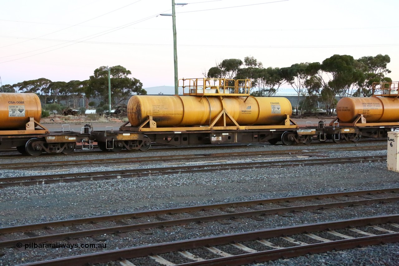 160523 3599
West Kalgoorlie, AQHY 30089 with sulphuric acid tank CSA 0085, originally built by WAGR Midland Workshops in 1964/66 as a WF type flat waggon, then in 1997, following several recodes and modifications, was one of seventy five waggons converted to the WQH type to carry CSA sulphuric acid tanks between Hampton/Kalgoorlie and Perth/Kwinana, part of loaded acid train 2406 arriving back in the yard. CSA 0085 is one of twelve units built by Acid Plant Management Services, WA in 2015.
Keywords: AQHY-type;AQHY30089;WAGR-Midland-WS;WF-type;WFDY-type;WFDF-type;RFDF-type;WQH-type;
