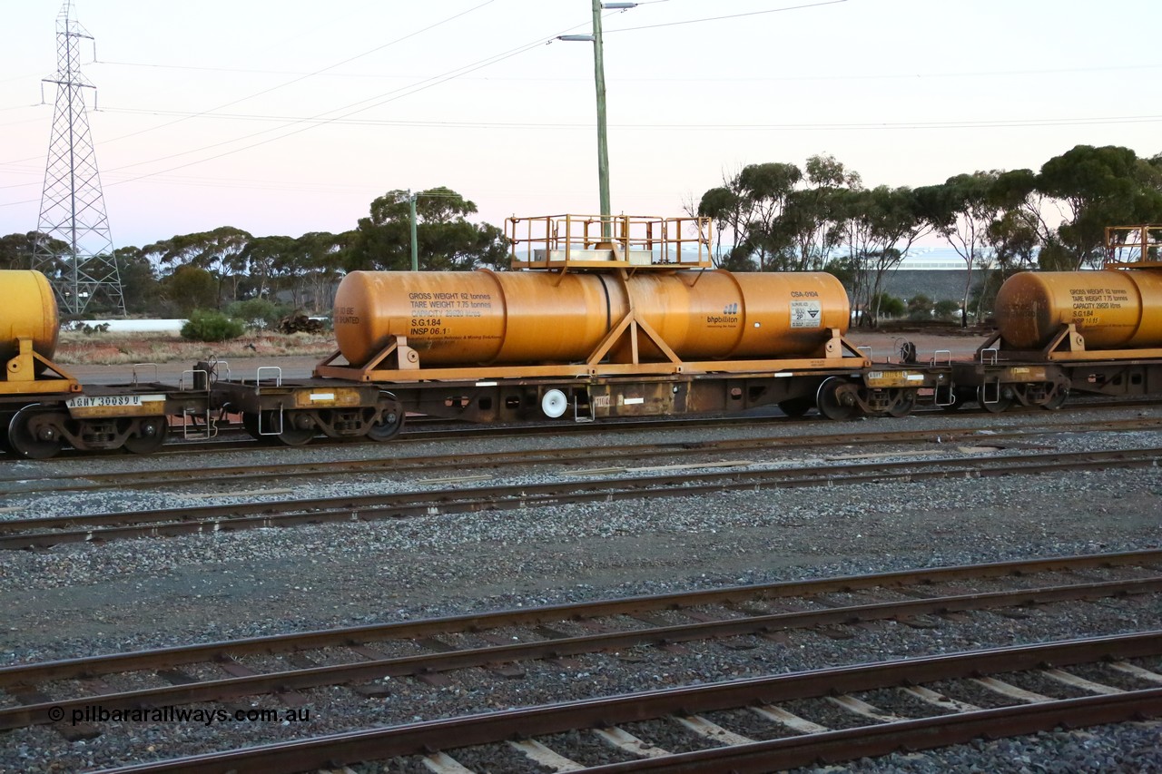 160523 3600
West Kalgoorlie, AQHY 30049 with sulphuric acid tank CSA 0104, originally built by WAGR Midland Workshops in 1964/66 as a WF type flat waggon, then in 1997, following several recodes and modifications, was one of seventy five waggons converted to the WQH type to carry CSA sulphuric acid tanks between Hampton/Kalgoorlie and Perth/Kwinana, part of loaded acid train 2406 arriving back in the yard. CSA 0104 was built by Vcare Engineering, India for Access Petrotec & Mining Solutions in 2015.
Keywords: AQHY-type;AQHY30049;WAGR-Midland-WS;WF-type;WFDY-type;WFDF-type;RFDF-type;WQH-type;