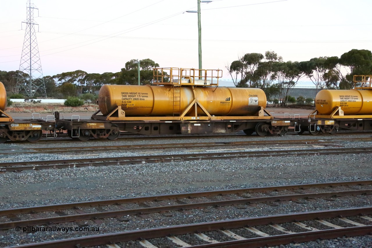 160523 3601
West Kalgoorlie, AQHY 30058 with sulphuric acid tank CSA 0108, originally built by WAGR Midland Workshops in 1964/66 as a WF type flat waggon, then in 1997, following several recodes and modifications, was one of seventy five waggons converted to the WQH type to carry CSA sulphuric acid tanks between Hampton/Kalgoorlie and Perth/Kwinana, part of loaded acid train 2406 arriving back in the yard. CSA 0108 was built by Vcare Engineering, India for Access Petrotec & Mining Solutions in 2015.
Keywords: AQHY-type;AQHY30058;WAGR-Midland-WS;WF-type;WFW-type;WFDY-type;WFDF-type;RFDF-type;WQH-type;