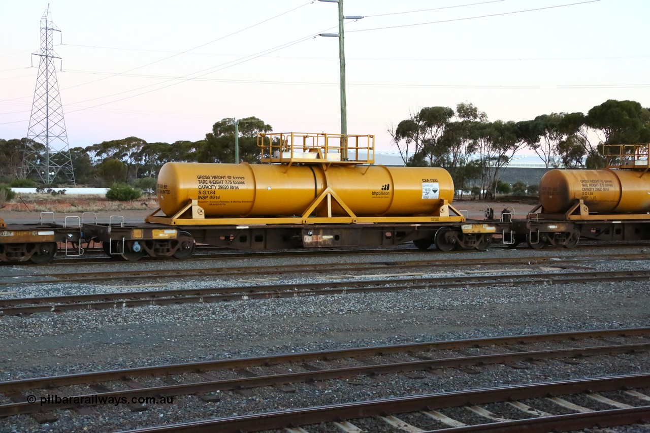 160523 3602
West Kalgoorlie, AQHY 30094 with sulphuric acid tank CSA 0100, originally built by WAGR Midland Workshops in 1964/66 as a WF type flat waggon, then in 1997, following several recodes and modifications, was one of seventy five waggons converted to the WQH type to carry CSA sulphuric acid tanks between Hampton/Kalgoorlie and Perth/Kwinana, part of loaded acid train 2406 arriving back in the yard. CSA 0100 was built by Vcare Engineering, India for Access Petrotec & Mining Solutions in 2015.
Keywords: AQHY-type;AQHY30094;WAGR-Midland-WS;WF-type;WFDY-type;WFDF-type;RFDF-type;WQH-type;