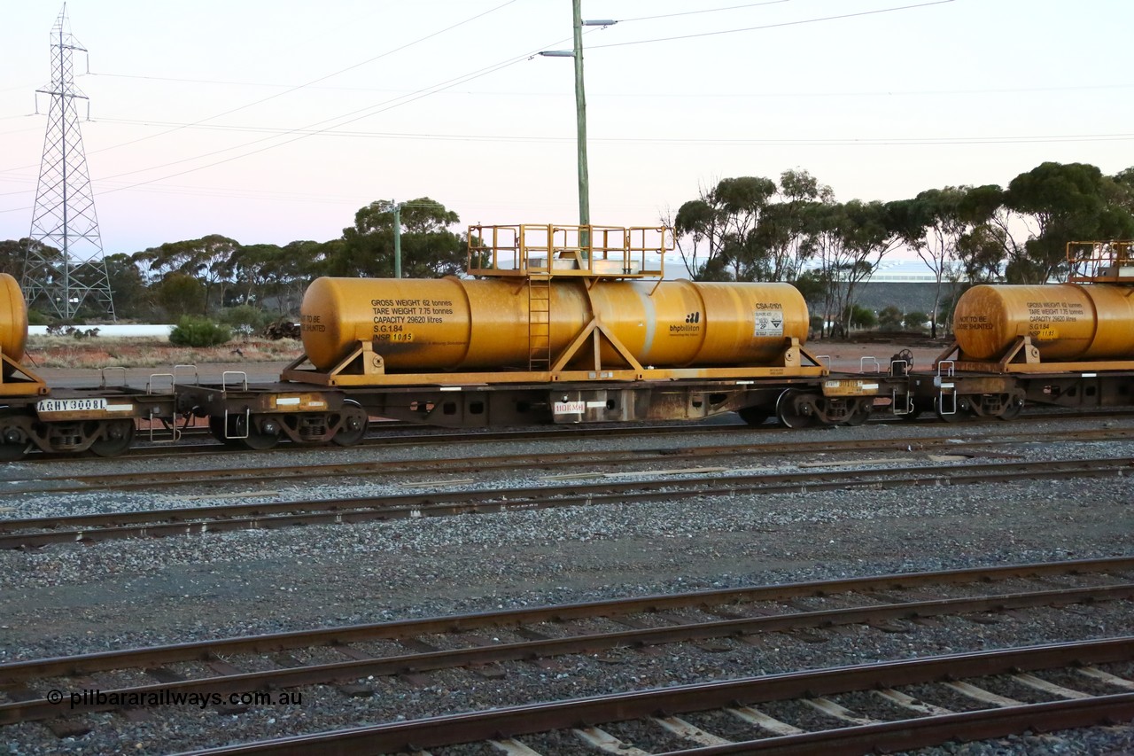 160523 3604
West Kalgoorlie, AQHY 30105 with sulphuric acid tank CSA 0101, originally built by WAGR Midland Workshops in 1964/66 as a WF type flat waggon, then in 1997, following several recodes and modifications, was one of seventy five waggons converted to the WQH type to carry CSA sulphuric acid tanks between Hampton/Kalgoorlie and Perth/Kwinana, part of loaded acid train 2406 arriving back in the yard. CSA 0101 was built by Vcare Engineering, India for Access Petrotec & Mining Solutions in 2015.
Keywords: AQHY-type;AQHY30105;WAGR-Midland-WS;WF-type;WFP-type;WFDY-type;WFDF-type;RFDF-type;WQH-type;