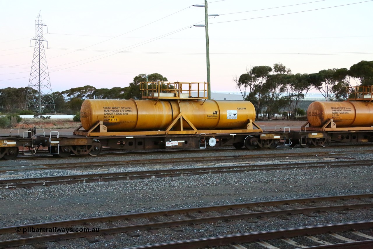 160523 3605
West Kalgoorlie, AQHY 30036 with sulphuric acid tank CSA 0117, originally built by WAGR Midland Workshops in 1964/66 as a WF type flat waggon, then in 1997, following several recodes and modifications, was one of seventy five waggons converted to the WQH type to carry CSA sulphuric acid tanks between Hampton/Kalgoorlie and Perth/Kwinana, part of loaded acid train 2406 arriving back in the yard. CSA 0117 was built by Vcare Engineering, India for Access Petrotec & Mining Solutions in 2015.
Keywords: AQHY-type;AQHY30036;WAGR-Midland-WS;WF-type;WFP-type;WFDY-type;WFDF-type;RFDF-type;WQH-type;