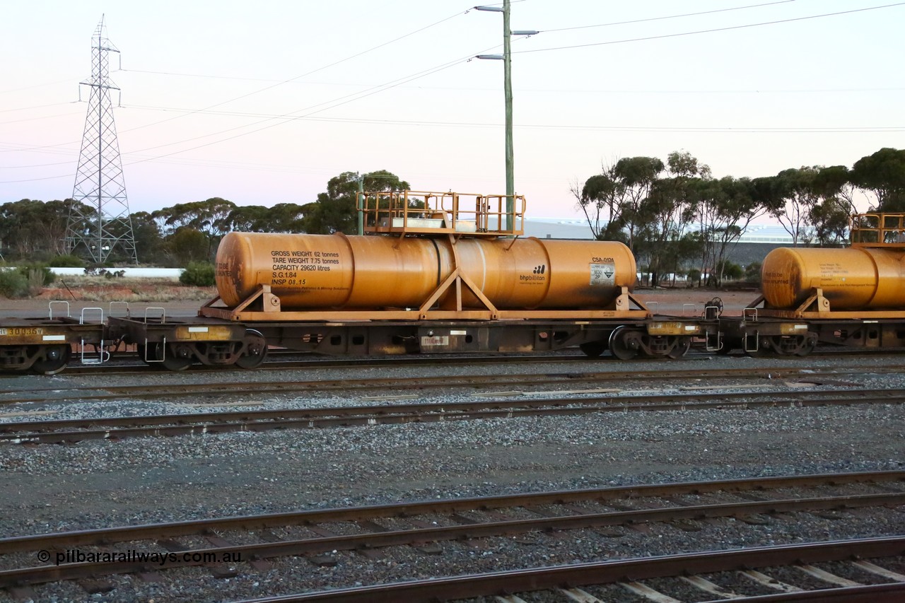 160523 3606
West Kalgoorlie, AQHY 30102 with sulphuric acid tank CSA 0124, originally built by WAGR Midland Workshops in 1964/66 as a WF type flat waggon, then in 1997, following several recodes and modifications, was one of seventy five waggons converted to the WQH type to carry CSA sulphuric acid tanks between Hampton/Kalgoorlie and Perth/Kwinana, part of loaded acid train 2406 arriving back in the yard. CSA 0124 was built by Vcare Engineering, India for Access Petrotec & Mining Solutions in 2015.
Keywords: AQHY-type;AQHY30102;WAGR-Midland-WS;WF-type;WFDY-type;WFDF-type;RFDF-type;WQH-type;