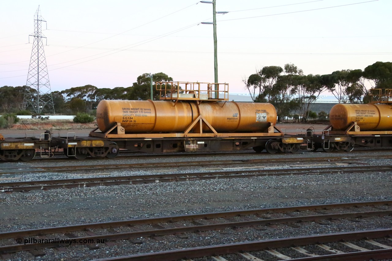 160523 3608
West Kalgoorlie, AQHY 30057 with sulphuric acid tank CSA 0089, originally built by WAGR Midland Workshops in 1964/66 as a WF type flat waggon, then in 1997, following several recodes and modifications, was one of seventy five waggons converted to the WQH type to carry CSA sulphuric acid tanks between Hampton/Kalgoorlie and Perth/Kwinana, part of loaded acid train 2406 arriving back in the yard. CSA 0089 was built by Vcare Engineering, India for Access Petrotec & Mining Solutions in 2015.
Keywords: AQHY-type;AQHY30057;WAGR-Midland-WS;WF-type;WFDY-type;WFDF-type;RFDF-type;WQH-type;