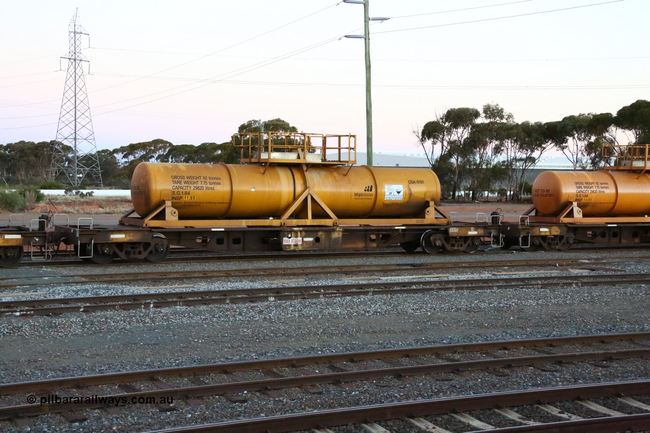 160523 3609
West Kalgoorlie, AQHY 30006 with sulphuric acid tank CSA 0131, originally built by WAGR Midland Workshops in 1964/66 as a WF type flat waggon, then in 1997, following several recodes and modifications, was one of seventy five waggons converted to the WQH type to carry CSA sulphuric acid tanks between Hampton/Kalgoorlie and Perth/Kwinana, part of loaded acid train 2406 arriving back in the yard. CSA 0131 was built by Vcare Engineering, India for Access Petrotec & Mining Solutions in 2015.
Keywords: AQHY-type;AQHY30006;WAGR-Midland-WS;WF-type;WMA-type;WFDY-type;WFDF-type;RFDF-type;WQH-type;