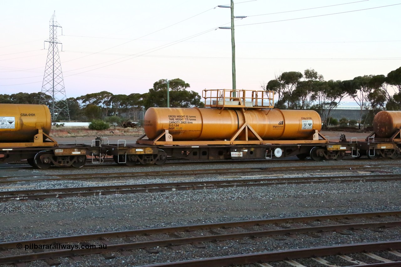 160523 3610
West Kalgoorlie, AQHY 30004 with sulphuric acid tank CSA 0130, originally built by WAGR Midland Workshops in 1964/66 as a WF type flat waggon, then in 1997, following several recodes and modifications, was one of seventy five waggons converted to the WQH type to carry CSA sulphuric acid tanks between Hampton/Kalgoorlie and Perth/Kwinana, part of loaded acid train 2406 arriving back in the yard. CSA 0130 was built by Vcare Engineering, India for Access Petrotec & Mining Solutions in 2015.
Keywords: AQHY-type;AQHY30004;WAGR-Midland-WS;WF-type;WFDY-type;WFDF-type;RFDF-type;WQH-type;