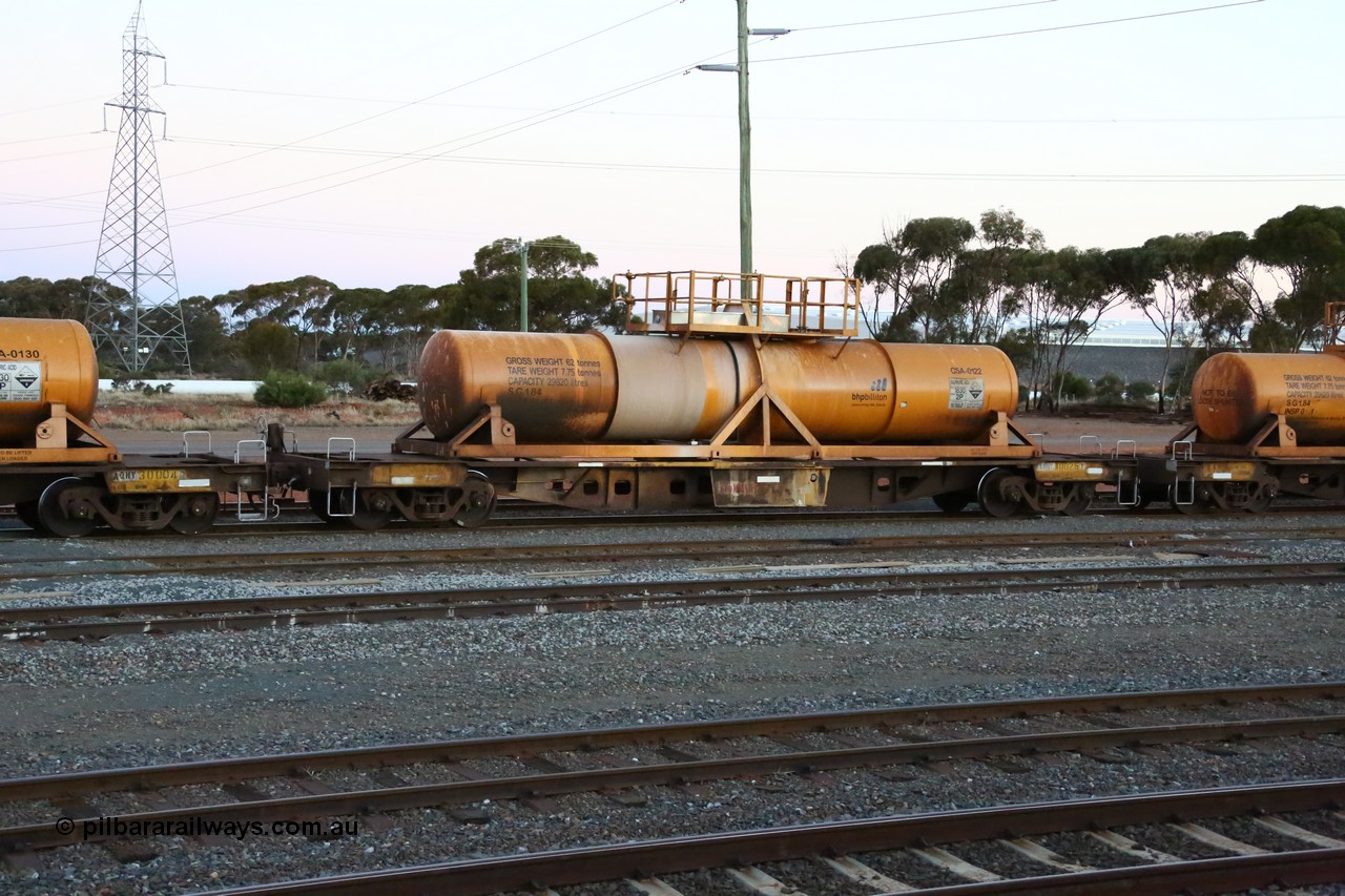 160523 3611
West Kalgoorlie, AQHY 30026 with sulphuric acid tank CSA 0122, originally built by WAGR Midland Workshops in 1964/66 as a WF type flat waggon, then in 1997, following several recodes and modifications, was one of seventy five waggons converted to the WQH type to carry CSA sulphuric acid tanks between Hampton/Kalgoorlie and Perth/Kwinana, part of loaded acid train 2406 arriving back in the yard. CSA 0122 was built by Vcare Engineering, India for Access Petrotec & Mining Solutions in 2015.
Keywords: AQHY-type;AQHY30026;WAGR-Midland-WS;WF-type;WFW-type;WFDY-type;WFDF-type;RFDF-type;WQH-type;