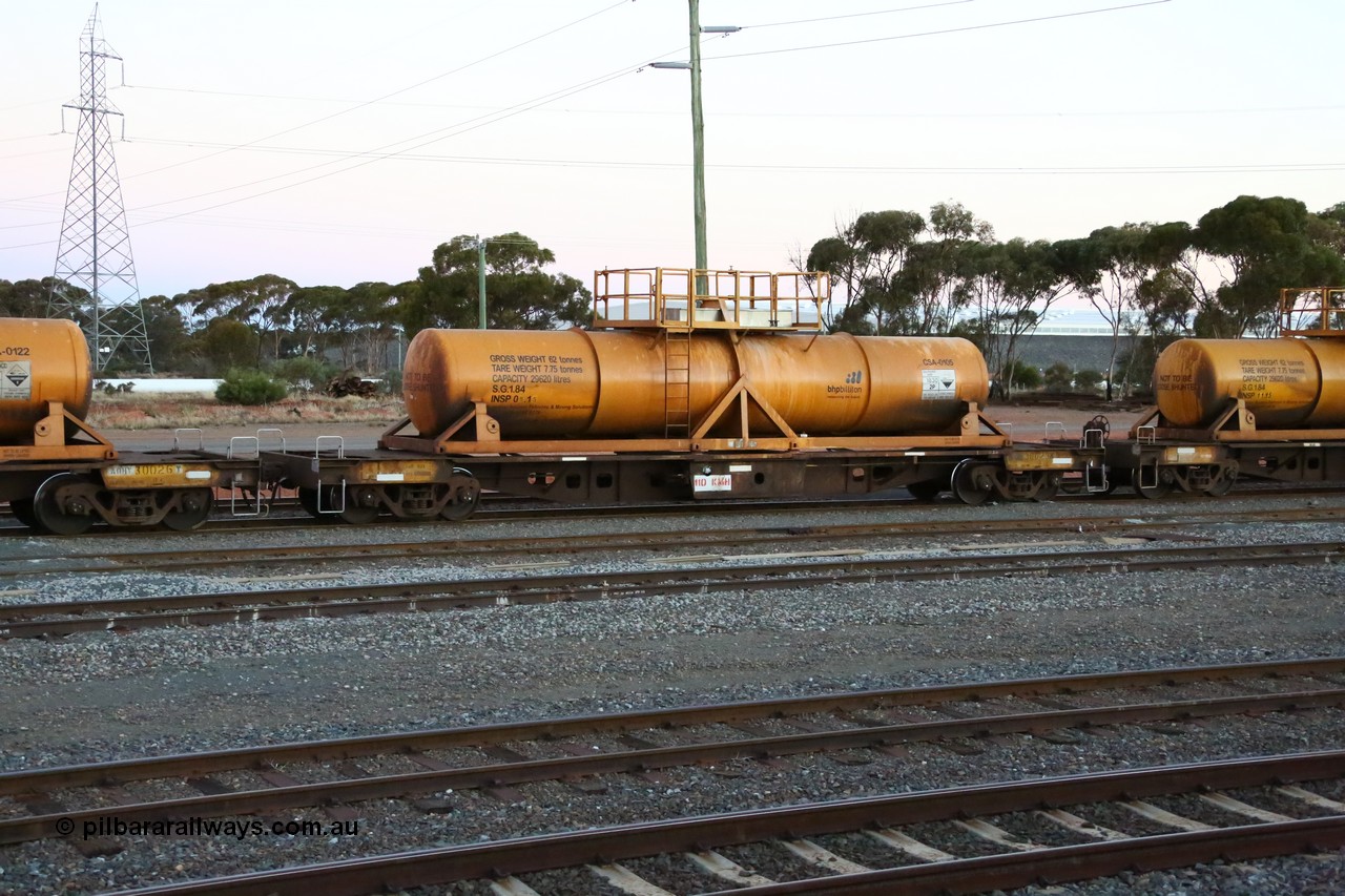 160523 3612
West Kalgoorlie, AQHY 30023 with sulphuric acid tank CSA 0105, originally built by WAGR Midland Workshops in 1964/66 as a WF type flat waggon, then in 1997, following several recodes and modifications, was one of seventy five waggons converted to the WQH type to carry CSA sulphuric acid tanks between Hampton/Kalgoorlie and Perth/Kwinana, part of loaded acid train 2406 arriving back in the yard. CSA 0105 was built by Vcare Engineering, India for Access Petrotec & Mining Solutions in 2015.
Keywords: AQHY-type;AQHY30023;WAGR-Midland-WS;WF-type;WFDY-type;WFDF-type;RFDF-type;WQH-type;
