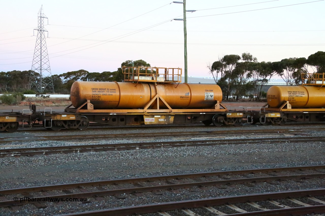 160523 3615
West Kalgoorlie, AQHY 30084 with sulphuric acid tank CSA 0097, originally built by WAGR Midland Workshops in 1964/66 as a WF type flat waggon, then in 1997, following several recodes and modifications, was one of seventy five waggons converted to the WQH type to carry CSA sulphuric acid tanks between Hampton/Kalgoorlie and Perth/Kwinana, part of loaded acid train 2406 arriving back in the yard. CSA 0097 was built by Vcare Engineering, India for Access Petrotec & Mining Solutions in 2015.
Keywords: AQHY-type;AQHY30084;WAGR-Midland-WS;WF-type;WFDY-type;WFDF-type;RFDF-type;WQH-type;