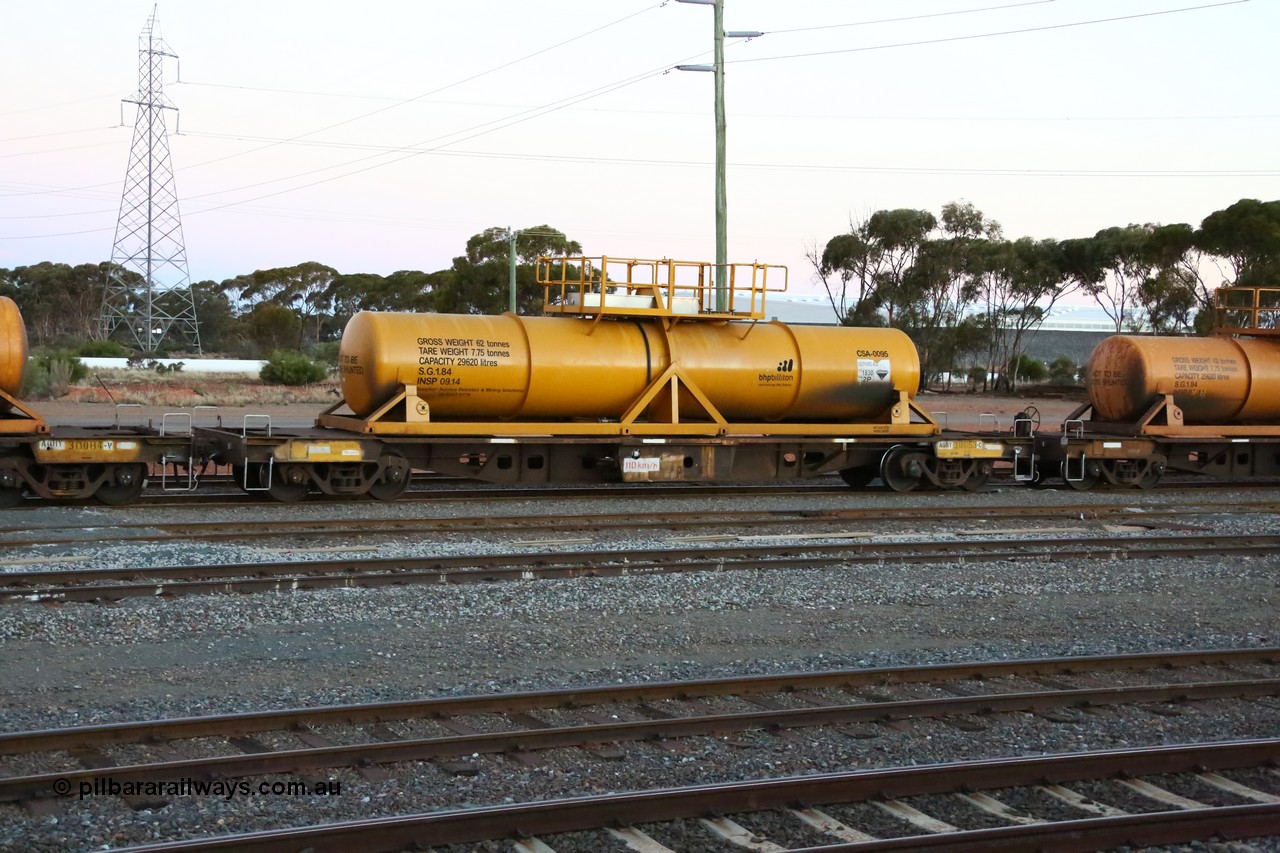 160523 3616
West Kalgoorlie, AQHY 30053 with sulphuric acid tank CSA 0095, originally built by WAGR Midland Workshops in 1964/66 as a WF type flat waggon, then in 1997, following several recodes and modifications, was one of seventy five waggons converted to the WQH type to carry CSA sulphuric acid tanks between Hampton/Kalgoorlie and Perth/Kwinana, part of loaded acid train 2406 arriving back in the yard. CSA 0095 was built by Vcare Engineering, India for Access Petrotec & Mining Solutions in 2015.
Keywords: AQHY-type;AQHY30053;WAGR-Midland-WS;WF-type;WFDY-type;WFDF-type;RFDF-type;WQH-type;