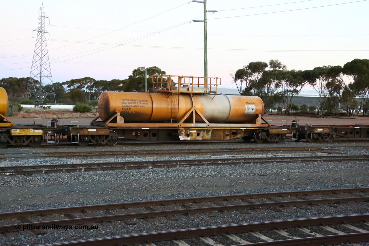 160523 3617
West Kalgoorlie, AQHY 30039 with sulphuric acid tank CSA 0110, originally built by WAGR Midland Workshops in 1964/66 as a WF type flat waggon, then in 1997, following several recodes and modifications, was one of seventy five waggons converted to the WQH type to carry CSA sulphuric acid tanks between Hampton/Kalgoorlie and Perth/Kwinana, part of loaded acid train 2406 arriving back in the yard. CSA 0110 was built by Vcare Engineering, India for Access Petrotec & Mining Solutions in 2015.
Keywords: AQHY-type;AQHY30039;WAGR-Midland-WS;WF-type;WFDY-type;WFDF-type;RFDF-type;WQH-type;
