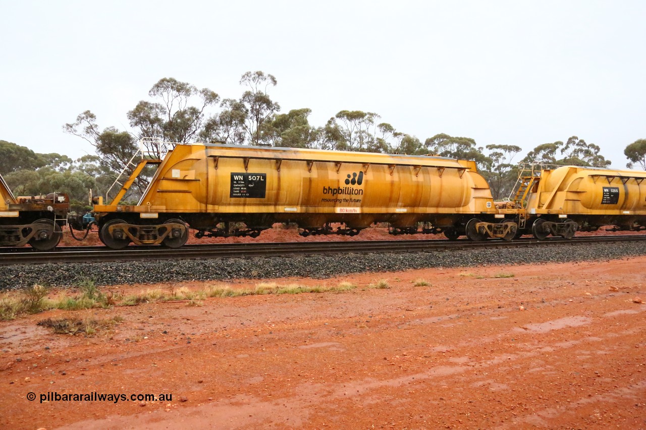 160524 4365
Binduli, nickel concentrate train 3438, WN type pneumatic discharge nickel concentrate waggon WN 507, one of thirty built by AE Goodwin NSW as WN type in 1970 for WMC.
Keywords: WN-type;WN507;AE-Goodwin;