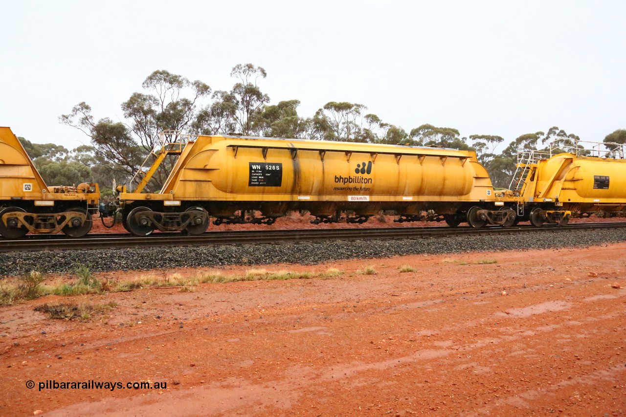 160524 4366
Binduli, nickel concentrate train 3438, WN type pneumatic discharge nickel concentrate waggon WN 526, one of thirty built by AE Goodwin NSW as WN type in 1970 for WMC.
Keywords: WN-type;WN526;AE-Goodwin;