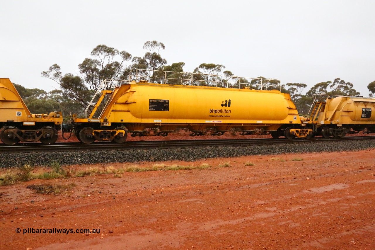 160524 4367
Binduli, nickel concentrate train 3438, WNB type pneumatic discharge nickel concentrate waggon WNB 544, one of six built by Bluebird Rail Services SA in 2010 for BHP Billiton.
Keywords: WNB-type;WNB544;Bluebird-Rail-Operations-SA;