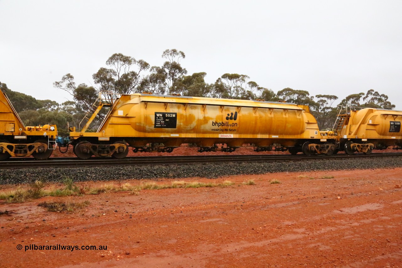 160524 4370
Binduli, nickel concentrate train 3438, WN type pneumatic discharge nickel concentrate waggon WN 502, one of thirty built by AE Goodwin NSW as WN type in 1970 for WMC.
Keywords: WN-type;WN502;AE-Goodwin;