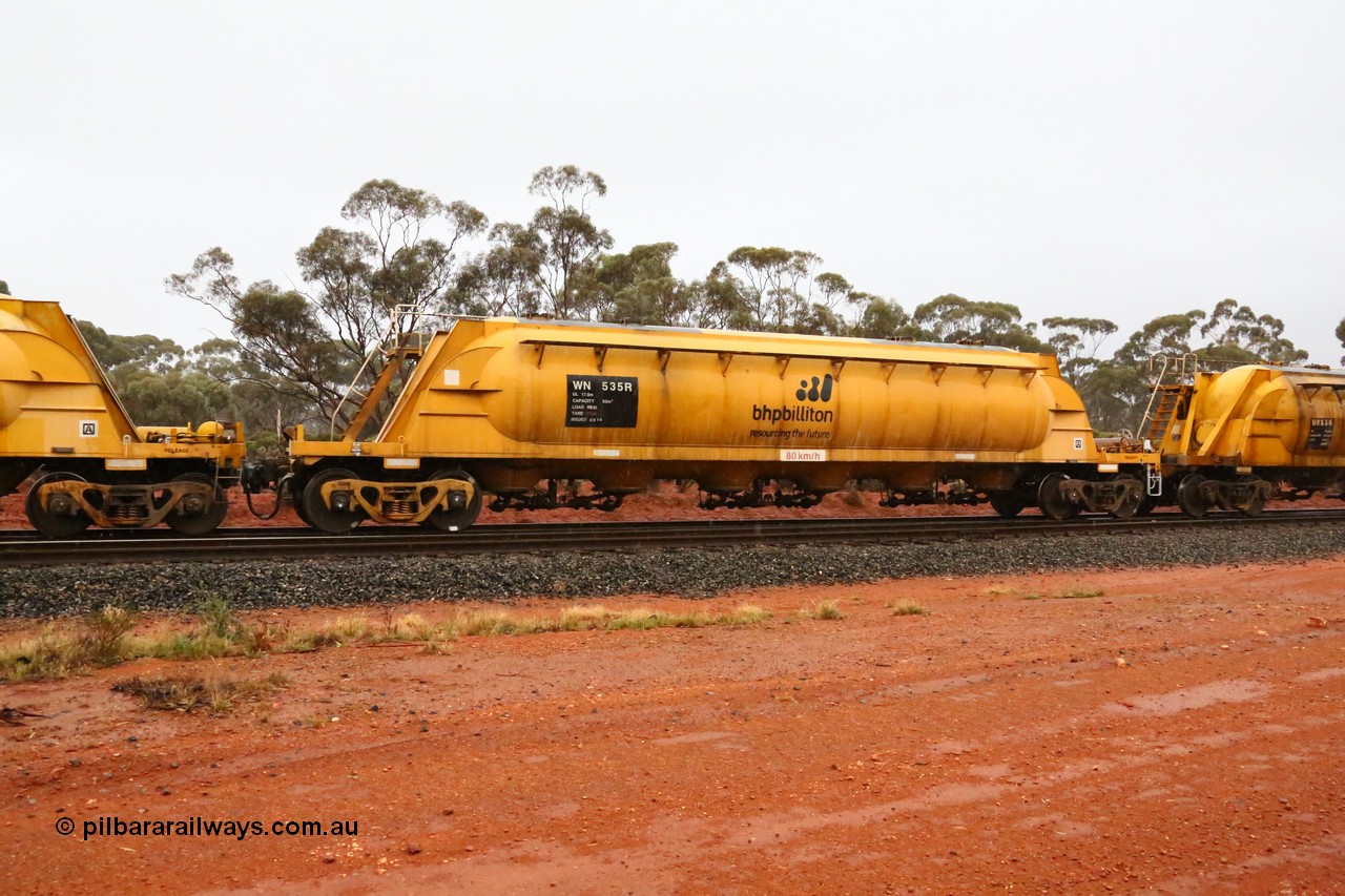 160524 4371
Binduli, nickel concentrate train 3438, WN type pneumatic discharge nickel concentrate waggon WN 535, one of a further ten built by WAGR Midland Workshops as WN type in 1975 for WMC.
Keywords: WN-type;WN535;WAGR-Midland-WS;