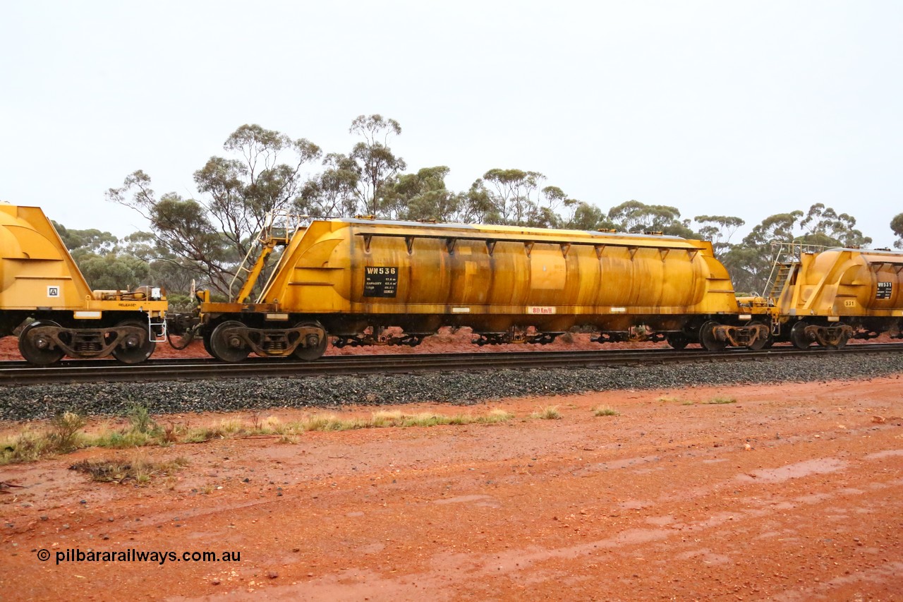 160524 4372
Binduli, nickel concentrate train 3438, WN type pneumatic discharge nickel concentrate waggon WN 536, one of a further ten built by WAGR Midland Workshops as WN type in 1975 for WMC.
Keywords: WN-type;WN536;WAGR-Midland-WS;