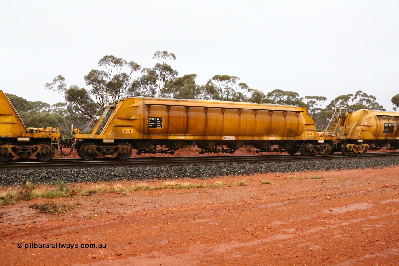 160524 4373
Binduli, nickel concentrate train 3438, WN type pneumatic discharge nickel concentrate waggon WN 531, first of a further ten built by WAGR Midland Workshops as WN type in 1975 for WMC.
Keywords: WN-type;WN531;WAGR-Midland-WS;