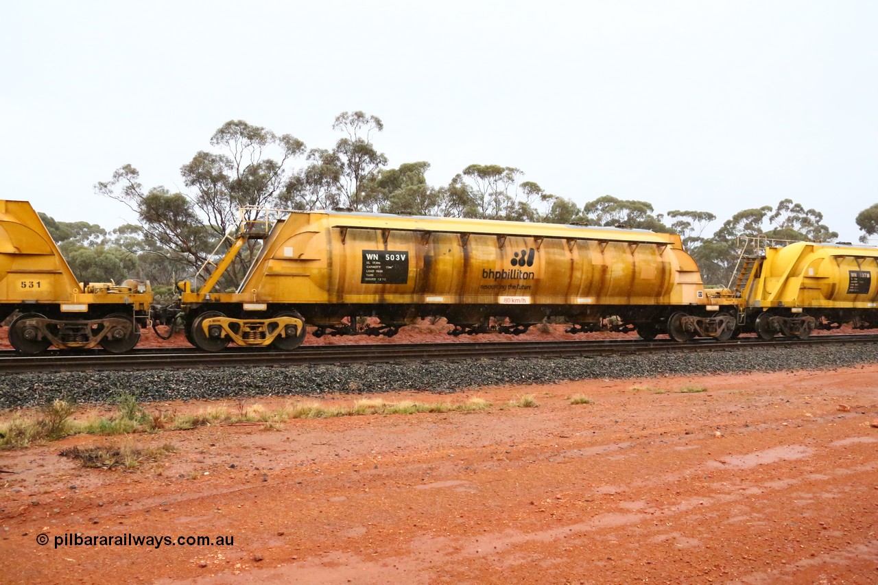 160524 4374
Binduli, nickel concentrate train 3438, WN type pneumatic discharge nickel concentrate waggon WN 503, one of thirty built by AE Goodwin NSW as WN type in 1970 for WMC.
Keywords: WN-type;WN503;AE-Goodwin;
