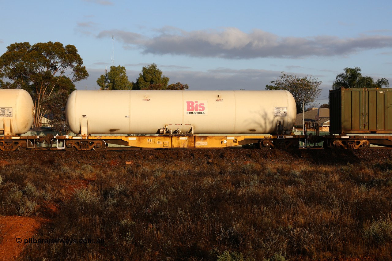 160525 4399
Kalgoorlie, Malcolm freighter, train 3029, AZKY type anhydrous ammonia tank waggon AZKY 32235, one of twelve built by Goninan WA in 1998 as type WQK for Murrin Murrin traffic, fitted with Bis Industries anhydrous ammonia tank A7S.
Keywords: AZKY-type;AZKY32235;Goninan-WA;WQK-type;