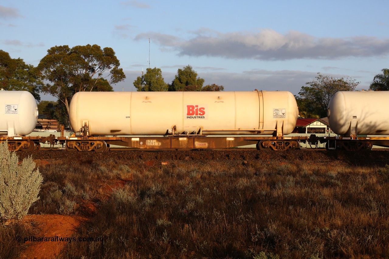 160525 4400
Kalgoorlie, Malcolm freighter, train 3029, AZKY type anhydrous ammonia tank waggon AZKY 32242, the final unit of twelve units built by Goninan WA in 1998 as type WQK for Murrin Murrin traffic, fitted with Bis Industries anhydrous ammonia tank.
Keywords: AZKY-type;AZKY32242;Goninan-WA;WQK-type;
