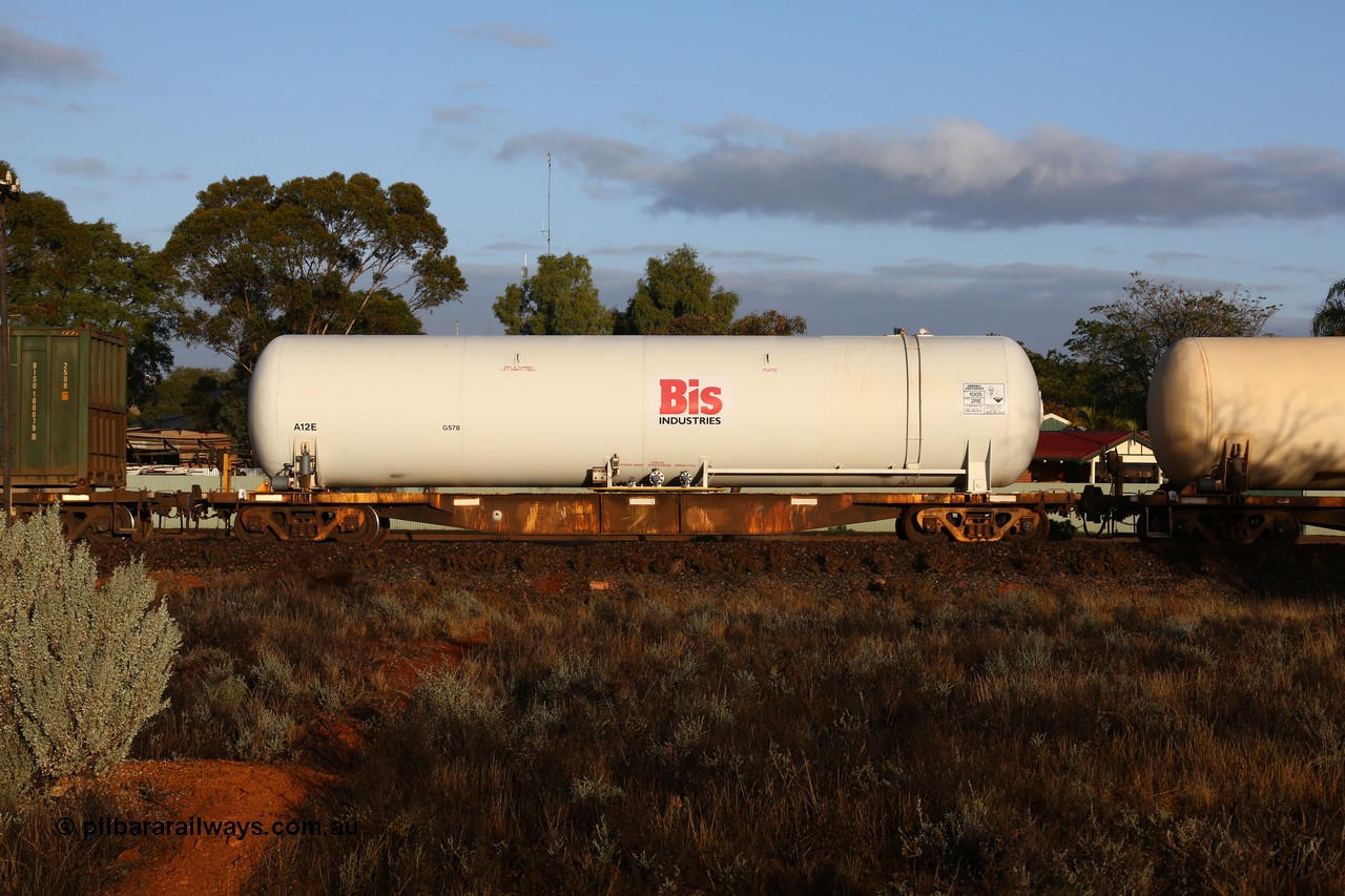 160525 4401
Kalgoorlie, Malcolm freighter, train 3029, AZKY type anhydrous ammonia tank waggon AZKY 32232, one of twelve built by Goninan WA in 1998 as type WQK for Murrin Murrin traffic, fitted with Bis Industries anhydrous ammonia tank A12E.
Keywords: AZKY-type;AZKY32232;Goninan-WA;WQK-type;