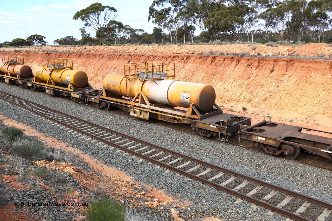 160525 4802
West Kalgoorlie, AQHY 30039 with sulphuric acid tank CSA 0110, originally built by WAGR Midland Workshops in 1964/66 as a WF type flat waggon, then in 1997, following several recodes and modifications, was one of seventy five waggons converted to the WQH type to carry CSA sulphuric acid tanks between Hampton/Kalgoorlie and Perth/Kwinana, part of empty acid train 4405 departing in the yard. CSA 0110 was built by Vcare Engineering, India for Access Petrotec & Mining Solutions in 2015.
Keywords: AQHY-type;AQHY30039;WAGR-Midland-WS;WF-type;WFDY-type;WFDF-type;RFDF-type;WQH-type;