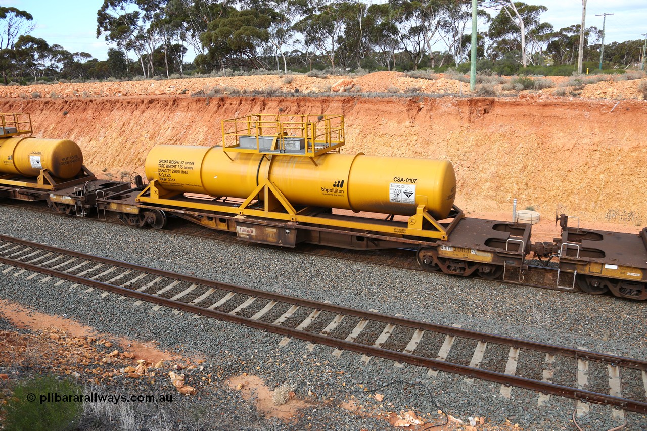 160525 4805
West Kalgoorlie, AQHY 30031 with sulphuric acid tank CSA 0107, originally built by WAGR Midland Workshops in 1964/66 as a WF type flat waggon, then in 1997, following several recodes and modifications, was one of seventy five waggons converted to the WQH type to carry CSA sulphuric acid tanks between Hampton/Kalgoorlie and Perth/Kwinana, part of empty acid train 4405 departing in the yard. CSA 0107 was built by Vcare Engineering, India for Access Petrotec & Mining Solutions in 2015.
Keywords: AQHY-type;AQHY30031;WAGR-Midland-WS;WF-type;WFW-type;WFDY-type;WFDF-type;RFDF-type;WQH-type;