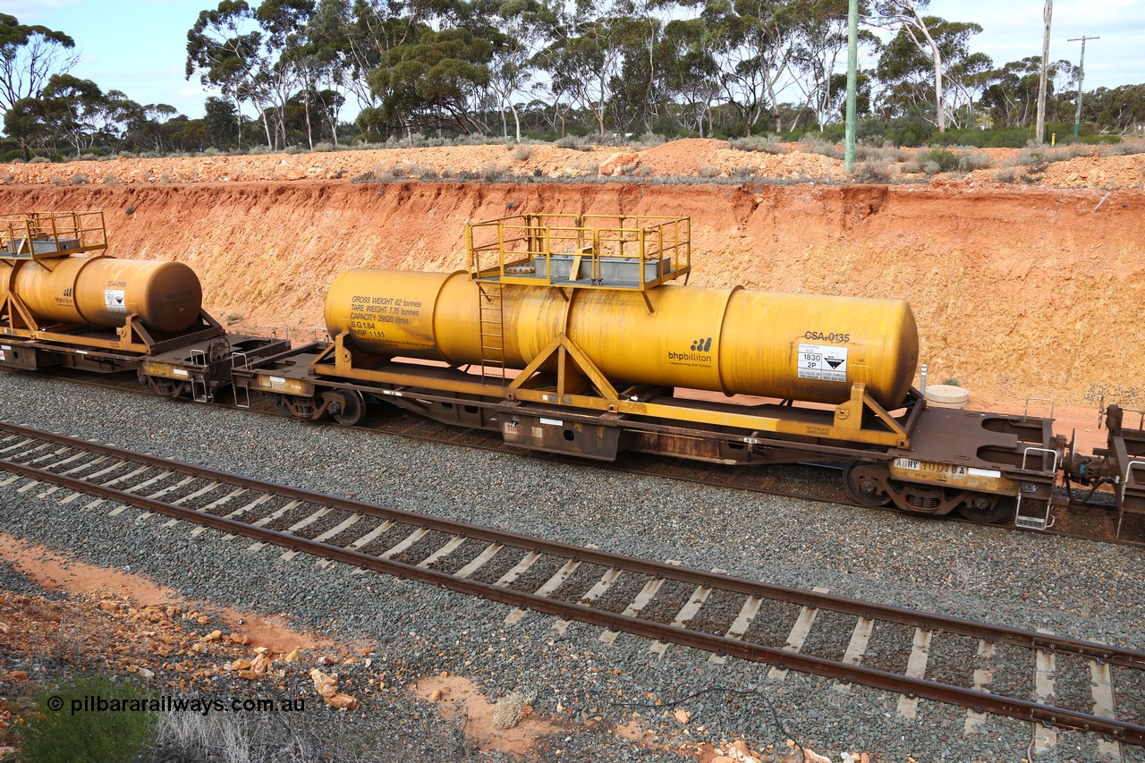 160525 4806
West Kalgoorlie, AQHY 30070 with sulphuric acid tank CSA 0135, originally built by WAGR Midland Workshops in 1964/66 as a WF type flat waggon, then in 1997, following several recodes and modifications, was one of seventy five waggons converted to the WQH type to carry CSA sulphuric acid tanks between Hampton/Kalgoorlie and Perth/Kwinana, part of empty acid train 4405 departing in the yard. CSA 0135 was built by Vcare Engineering, India for Access Petrotec & Mining Solutions in 2015.
Keywords: AQHY-type;AQHY30070;WAGR-Midland-WS;WF-type;WFDY-type;WFDF-type;WQH-type;
