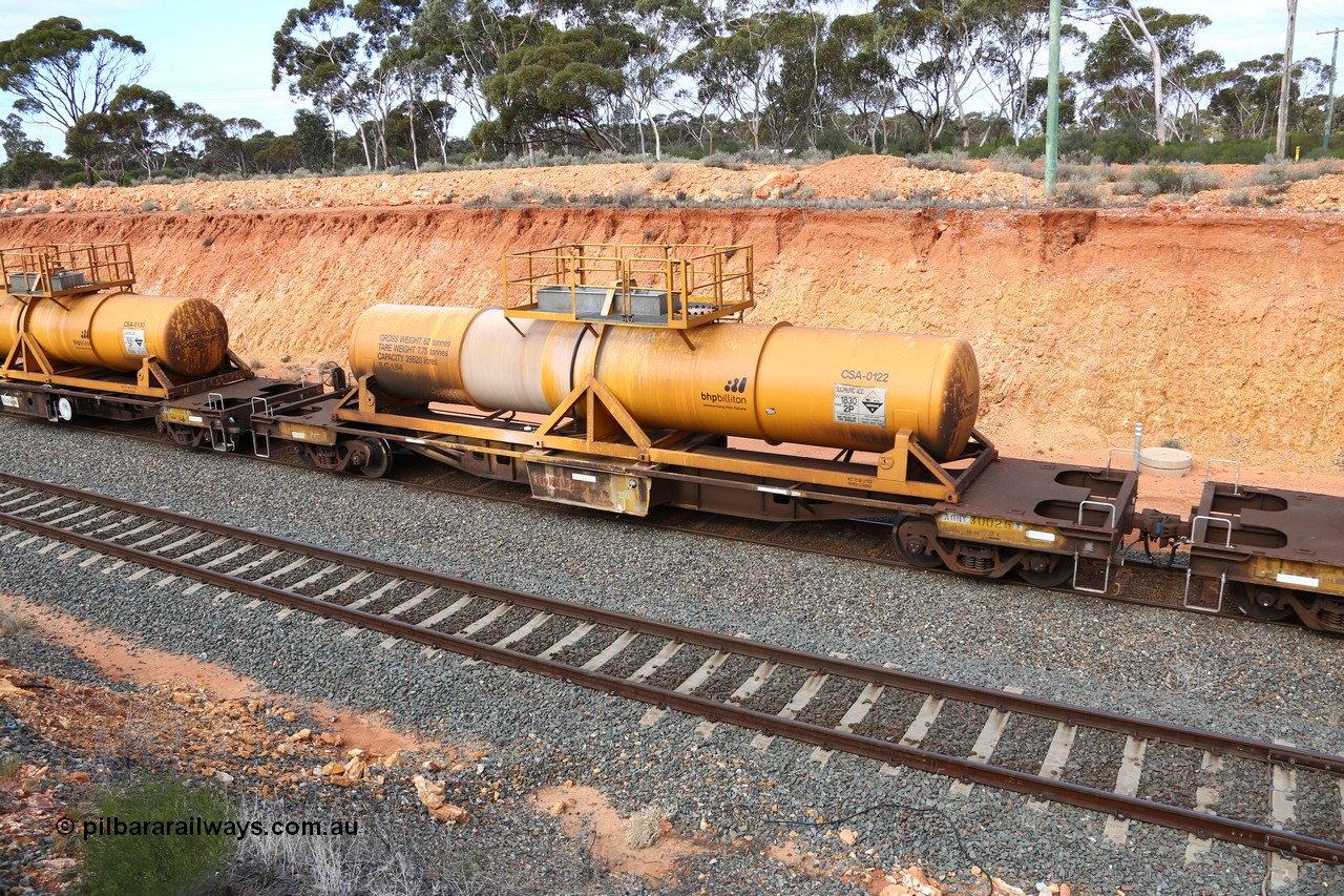 160525 4808
West Kalgoorlie, AQHY 30026 with sulphuric acid tank CSA 0122, originally built by WAGR Midland Workshops in 1964/66 as a WF type flat waggon, then in 1997, following several recodes and modifications, was one of seventy five waggons converted to the WQH type to carry CSA sulphuric acid tanks between Hampton/Kalgoorlie and Perth/Kwinana, part of empty acid train 4405 departing in the yard. CSA 0122 was built by Vcare Engineering, India for Access Petrotec & Mining Solutions in 2015.
Keywords: AQHY-type;AQHY30026;WAGR-Midland-WS;WF-type;WFW-type;WFDY-type;WFDF-type;RFDF-type;WQH-type;