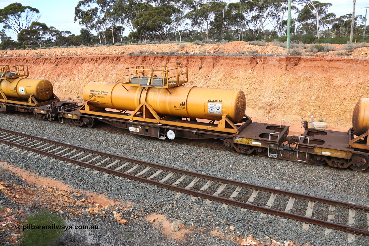 160525 4809
West Kalgoorlie, AQHY 30004 with sulphuric acid tank CSA 0130, originally built by WAGR Midland Workshops in 1964/66 as a WF type flat waggon, then in 1997, following several recodes and modifications, was one of seventy five waggons converted to the WQH type to carry CSA sulphuric acid tanks between Hampton/Kalgoorlie and Perth/Kwinana, part of empty acid train 4405 departing in the yard. CSA 0130 was built by Vcare Engineering, India for Access Petrotec & Mining Solutions in 2015.
Keywords: AQHY-type;AQHY30004;WAGR-Midland-WS;WF-type;WFDY-type;WFDF-type;RFDF-type;WQH-type;