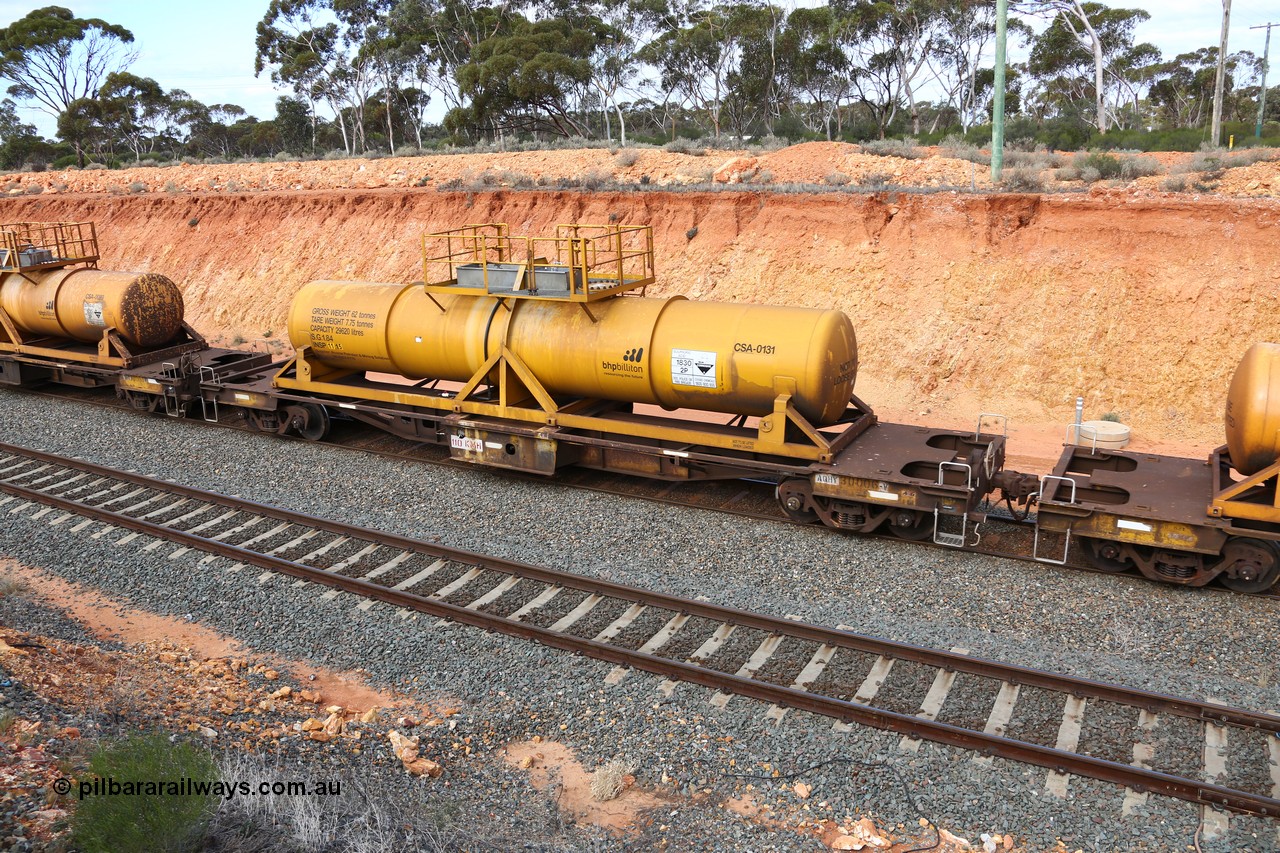 160525 4810
West Kalgoorlie, AQHY 30006 with sulphuric acid tank CSA 0131, originally built by WAGR Midland Workshops in 1964/66 as a WF type flat waggon, then in 1997, following several recodes and modifications, was one of seventy five waggons converted to the WQH type to carry CSA sulphuric acid tanks between Hampton/Kalgoorlie and Perth/Kwinana, part of empty acid train 4405 departing in the yard. CSA 0131 was built by Vcare Engineering, India for Access Petrotec & Mining Solutions in 2015.
Keywords: AQHY-type;AQHY30006;WAGR-Midland-WS;WF-type;WMA-type;WFDY-type;WFDF-type;RFDF-type;WQH-type;