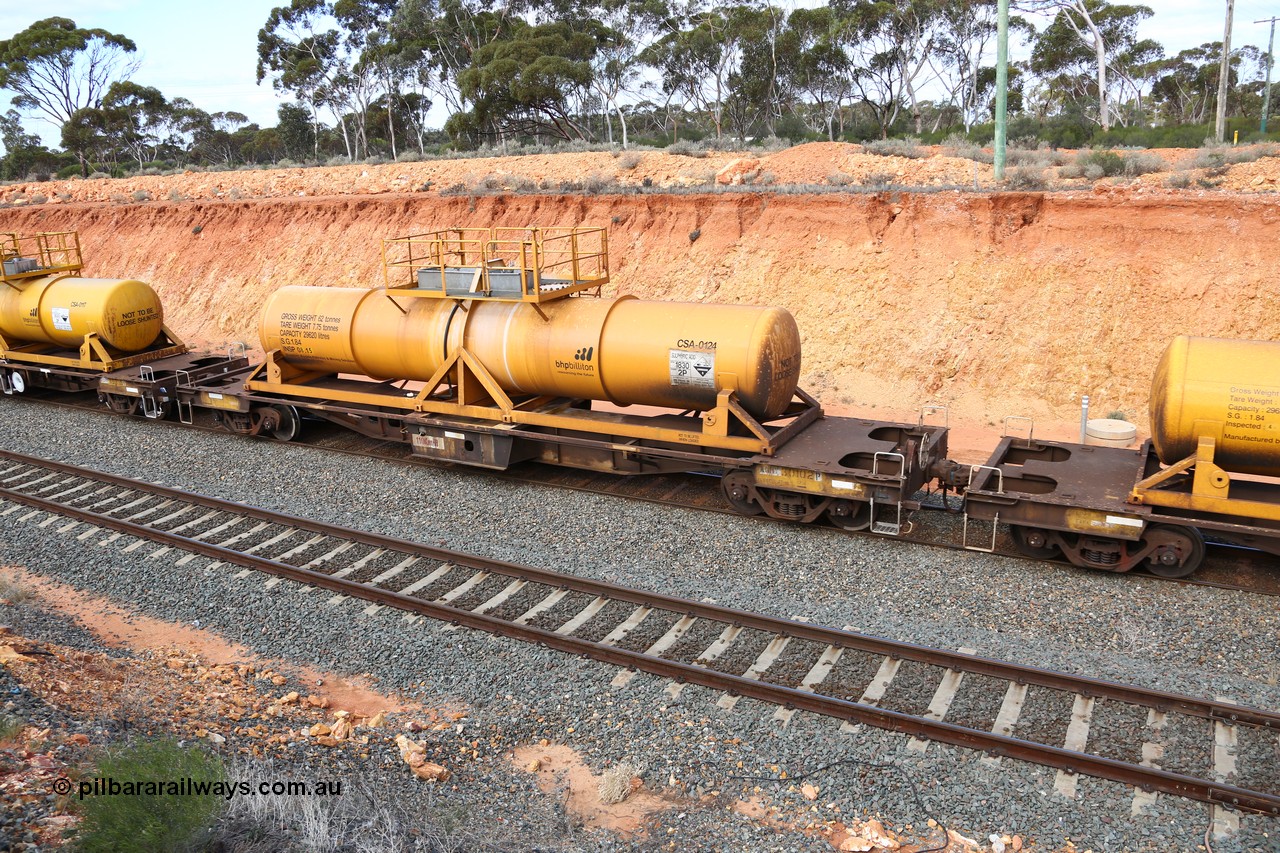 160525 4813
West Kalgoorlie, AQHY 30102 with sulphuric acid tank CSA 0124, originally built by WAGR Midland Workshops in 1964/66 as a WF type flat waggon, then in 1997, following several recodes and modifications, was one of seventy five waggons converted to the WQH type to carry CSA sulphuric acid tanks between Hampton/Kalgoorlie and Perth/Kwinana, part of empty acid train 4405 departing in the yard. CSA 0124 was built by Vcare Engineering, India for Access Petrotec & Mining Solutions in 2015.
Keywords: AQHY-type;AQHY30102;WAGR-Midland-WS;WF-type;WFDY-type;WFDF-type;RFDF-type;WQH-type;