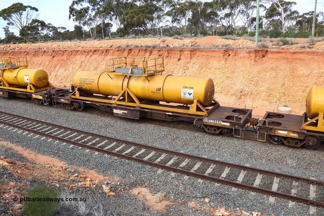 160525 4816
West Kalgoorlie, misnumbered AQHY 30088, plate shows AQHY 3008 L, with sulphuric acid tank CSA 0126, originally built by WAGR Midland Workshops in 1964/66 as a WF type flat waggon, then in 1997, following several recodes and modifications, was one of seventy five waggons converted to the WQH type to carry CSA sulphuric acid tanks between Hampton/Kalgoorlie and Perth/Kwinana, part of empty acid train 4405 departing in the yard. CSA 0126 was built by Vcare Engineering, India for Access Petrotec & Mining Solutions in 2015.
Keywords: AQHY-type;AQHY30088;WAGR-Midland-WS;WF-type;WFDY-type;WFDF-type;RFDF-type;WQH-type;