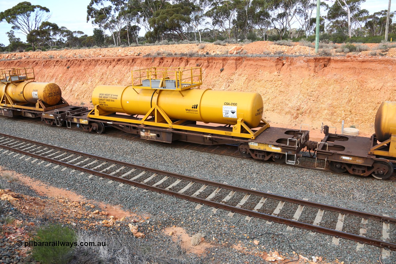 160525 4817
West Kalgoorlie, AQHY 30094 with sulphuric acid tank CSA 0100, originally built by WAGR Midland Workshops in 1964/66 as a WF type flat waggon, then in 1997, following several recodes and modifications, was one of seventy five waggons converted to the WQH type to carry CSA sulphuric acid tanks between Hampton/Kalgoorlie and Perth/Kwinana, part of empty acid train 4405 departing in the yard. CSA 0100 was built by Vcare Engineering, India for Access Petrotec & Mining Solutions in 2015.
Keywords: AQHY-type;AQHY30094;WAGR-Midland-WS;WF-type;WFDY-type;WFDF-type;RFDF-type;WQH-type;