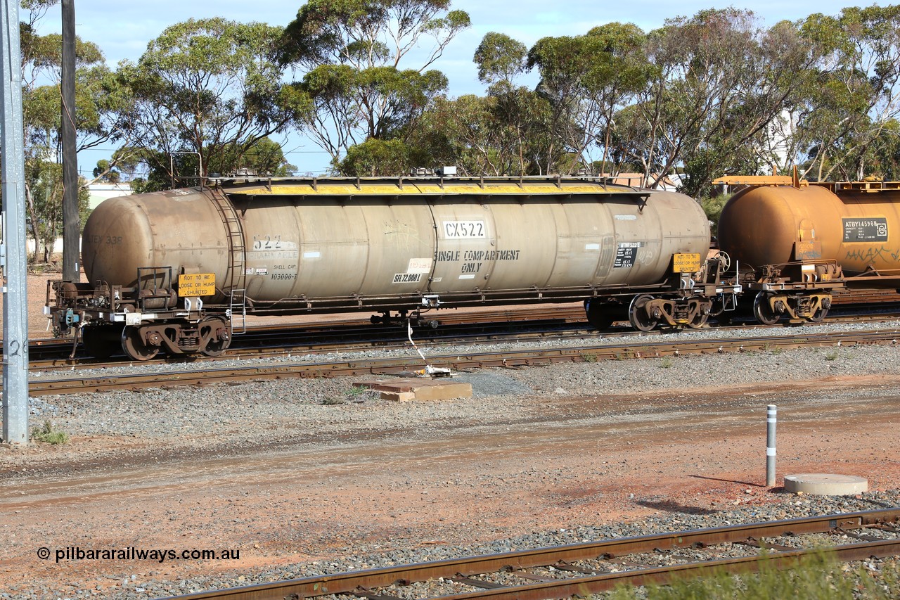 160525 4831
West Kalgoorlie, ATHY 522 fuel tanker, one of two built by Comeng NSW in 1971 for Caltex as WJH type. With a capacity of 103000 litres but a safe full level of on 72000 litres.
Keywords: ATHY-type;ATHY522;Comeng-NSW;WJH-type;WJHY-type;