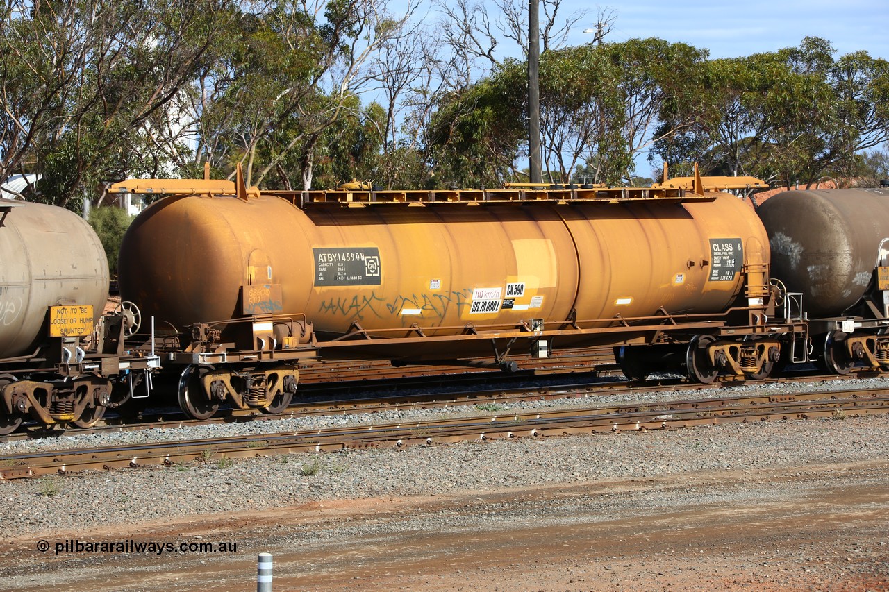 160525 4832
West Kalgoorlie, ATBY 14590 fuel tank waggon built by Westrail Midland Workshops in a batch of nine in 1981-82 for Bain Leasing Pty Ltd as type JPB, 82,000 litres for narrow gauge, recoded to JPBA in 1986, converted to standard gauge as WJPB.
Keywords: ATBY-type;ATBY14590;Westrail-Midland-WS;JPB-type;JPBA-type;WJPB-type;