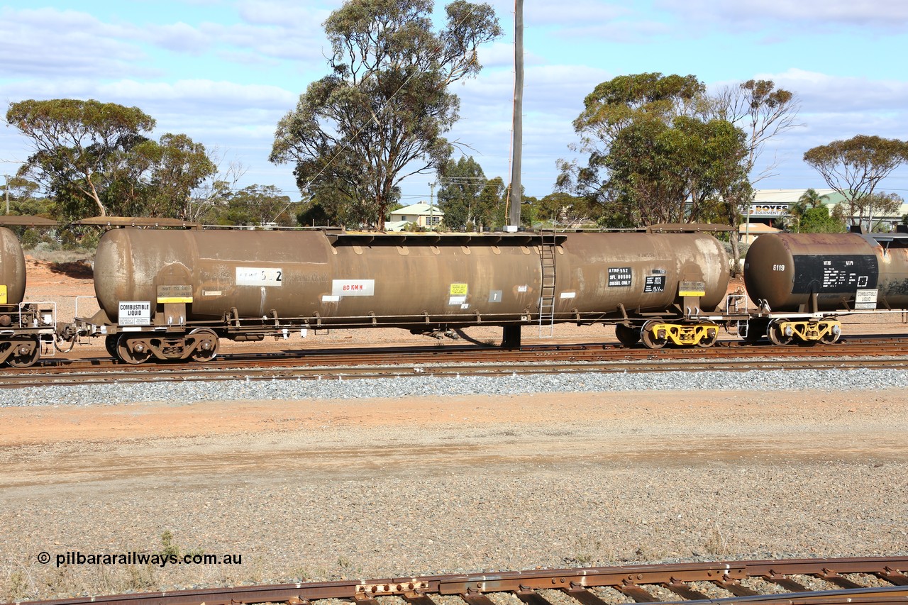 160525 4838
West Kalgoorlie, ATMF 552 fuel tank waggon, one of three built by Tulloch Limited NSW as WJM type in 1971 with a capacity of 96.25 kL one compartment one dome, current capacity of 80500 litres. 551 and 552 for Shell and 553 for BP Oil.
Keywords: ATMF-type;ATMF552;Tulloch-Ltd-NSW;WJM-type;