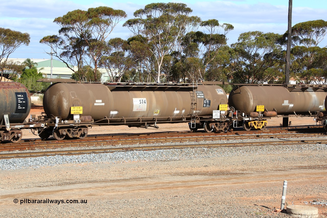 160525 4841
West Kalgoorlie, ATPF 574 fuel tanker, one of nine built by WAGR Midland Workshops in 1974 for Shell as type WJP, 80.66 kL one compartment one dome, original code and fleet no. TR709, with a capacity now of 80000 litres.
Keywords: ATPF-type;ATPF574;WAGR-Midland-WS;WJP-type;