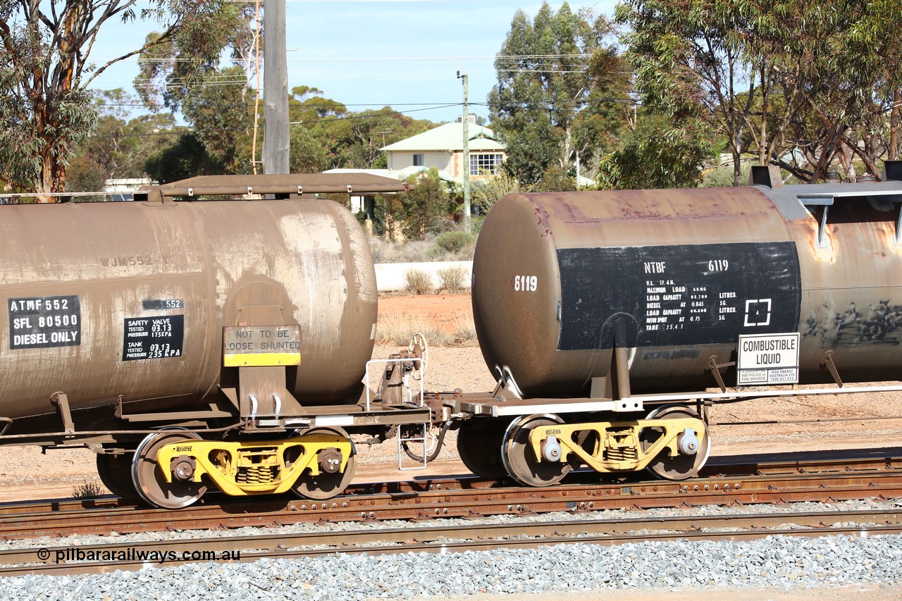 160525 4849
West Kalgoorlie, NTBF 6119 fuel tanker, originally built by Comeng NSW in 1975 as SCA type SCA 270 coupled to ATMF 552 built by Tulloch Limited NSW as type WJM in 1971.
Keywords: NTBF-type;NTBF6119;Comeng-NSW;SCA-type;SCA270;