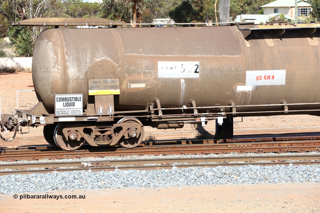 160525 4850
West Kalgoorlie, ATMF 552 fuel tank waggon, one of three built by Tulloch Limited NSW as WJM type in 1971 with a capacity of 96.25 kL one compartment one dome, current capacity of 80500 litres. 551 and 552 for Shell and 553 for BP Oil.
Keywords: ATMF-type;ATMF552;Tulloch-Ltd-NSW;WJM-type;