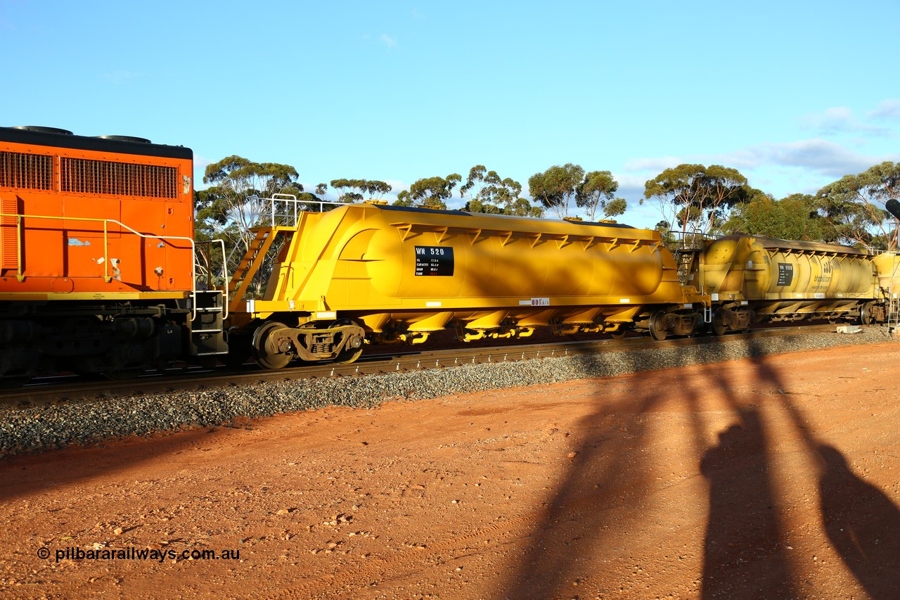 160525 5187
Binduli, nickel concentrate train 4438, pneumatic discharge nickel concentrate waggon WN 520, one of thirty built by AE Goodwin NSW as WN type in 1970 for WMC.
Keywords: WN-type;WN520;AE-Goodwin;