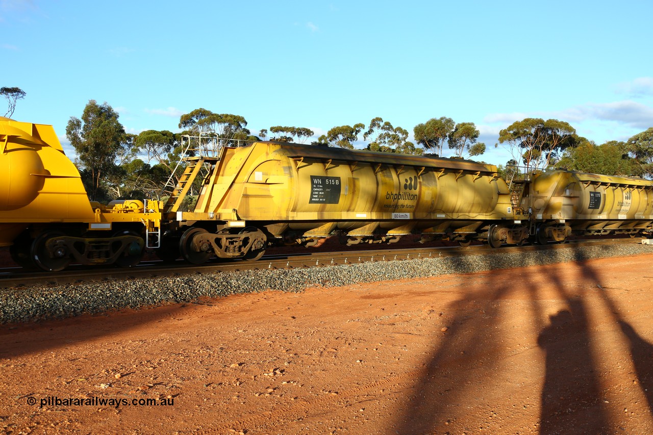 160525 5188
Binduli, nickel concentrate train 4438, pneumatic discharge nickel concentrate waggon WN 515, one of thirty built by AE Goodwin NSW as WN type in 1970 for WMC.
Keywords: WN-type;WN515;AE-Goodwin;