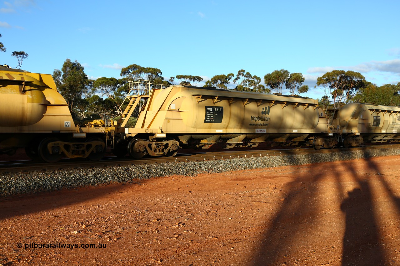 160525 5190
Binduli, nickel concentrate train 4438, pneumatic discharge nickel concentrate waggon WN 521, one of thirty built by AE Goodwin NSW as WN type in 1970 for WMC.
Keywords: WN-type;WN521;AE-Goodwin;