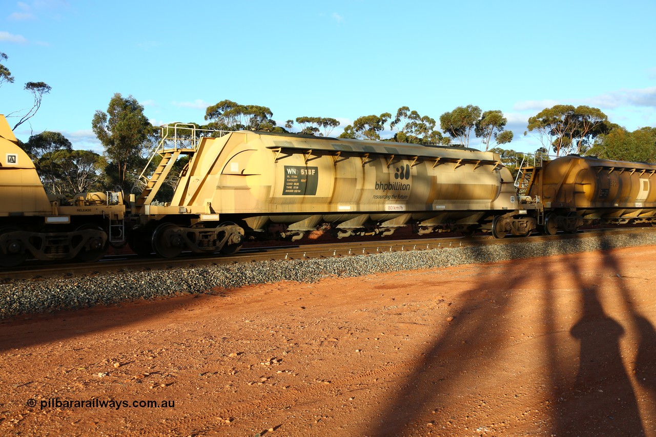 160525 5191
Binduli, nickel concentrate train 4438, pneumatic discharge nickel concentrate waggon WN 518, one of thirty built by AE Goodwin NSW as WN type in 1970 for WMC.
Keywords: WN-type;WN518;AE-Goodwin;