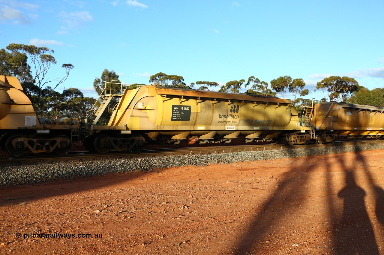 160525 5194
Binduli, nickel concentrate train 4438, pneumatic discharge nickel concentrate waggon WN 516, one of thirty built by AE Goodwin NSW as WN type in 1970 for WMC.
Keywords: WN-type;WN516;AE-Goodwin;