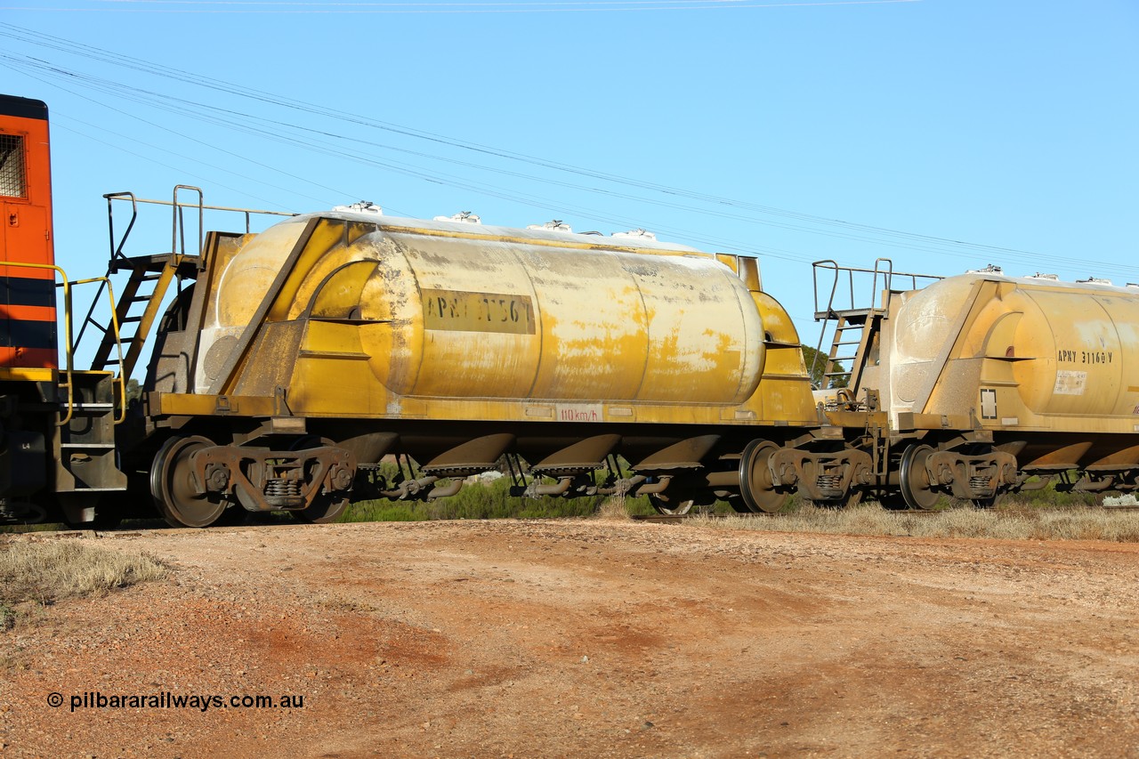 160527 5479
Parkeston, loaded lime and cement shunt train 2C71 from West Kalgoorlie to Parkeston for Cockburn Lime. APNY 31156, one of twelve built by WAGR Midland Workshops in 1974 as WNA type pneumatic discharge nickel concentrate waggon, WAGR built and owned copies of the AE Goodwin built WN waggons for WMC.
Keywords: APNY-type;APNY31156;WAGR-Midland-WS;WNA-type;